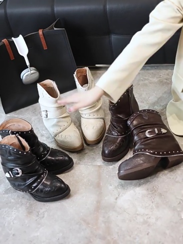 Autumn Punk 11 CM Inner Height Increasing Genuine Leather Rivets Belt Buckle Knight Boots V-Cut Side Zipper Pointed Toe Street Style Winter Short Plush Women's Boots 60204