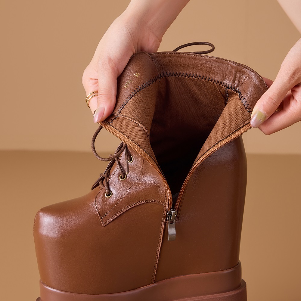 20 CM Ultra High Heel Genuine Leather British Style Lace Up Side Zipper Platform Metal Buckle Stage Model Boots Ankle Boots Non-Slip Plush Lined 60204