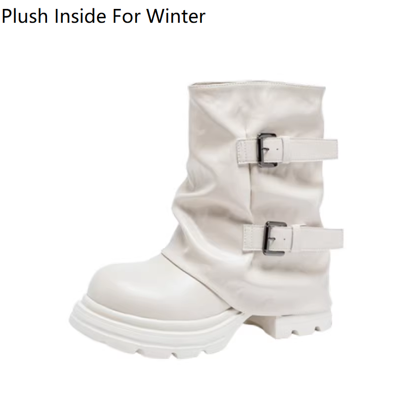 Genuine Leather Women's Winter Short Plush New Retro 12 CM Height Increasing Belt Buckle Autumn Platform Classic Concise Casual Ankle Boots 60204