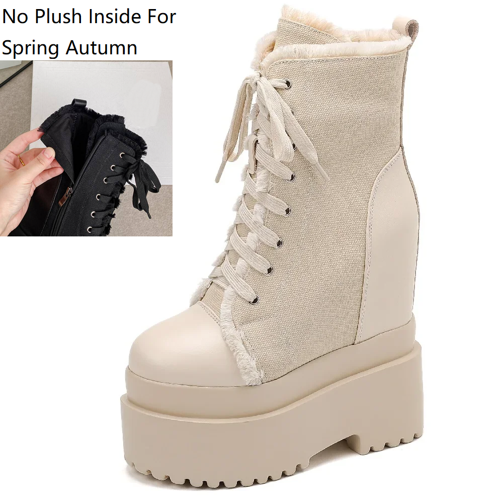 Spring Autumn New Slim 14 CM High Heels Height Increasing Platform Winter Short Plush Cross-tied Side Zipper Denim Casual Women Mid-Calf Modern Boots 60204