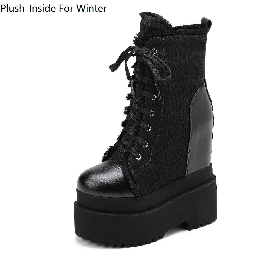 Spring Autumn New Slim 14 CM High Heels Height Increasing Platform Winter Short Plush Cross-tied Side Zipper Denim Casual Women Mid-Calf Modern Boots 60204