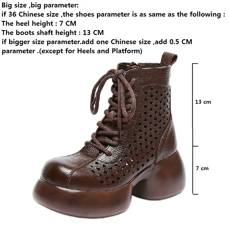 Summer Retro 7 CM Thick High Heels Platform Hollow Breathable Cross-tied Genuine Leather Women Ankle Short Casual Boots 50113