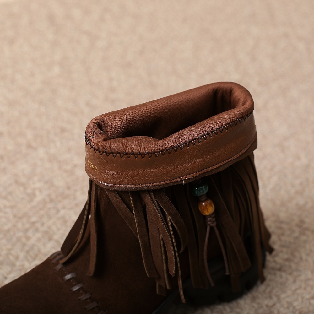 New Spring Autumn Women's Suede Leather 10 CM Thick Sole Inner Height Tassel Bead Winter Short Plush Slip On Stitched Casual Versatile Ankle Boots 60204