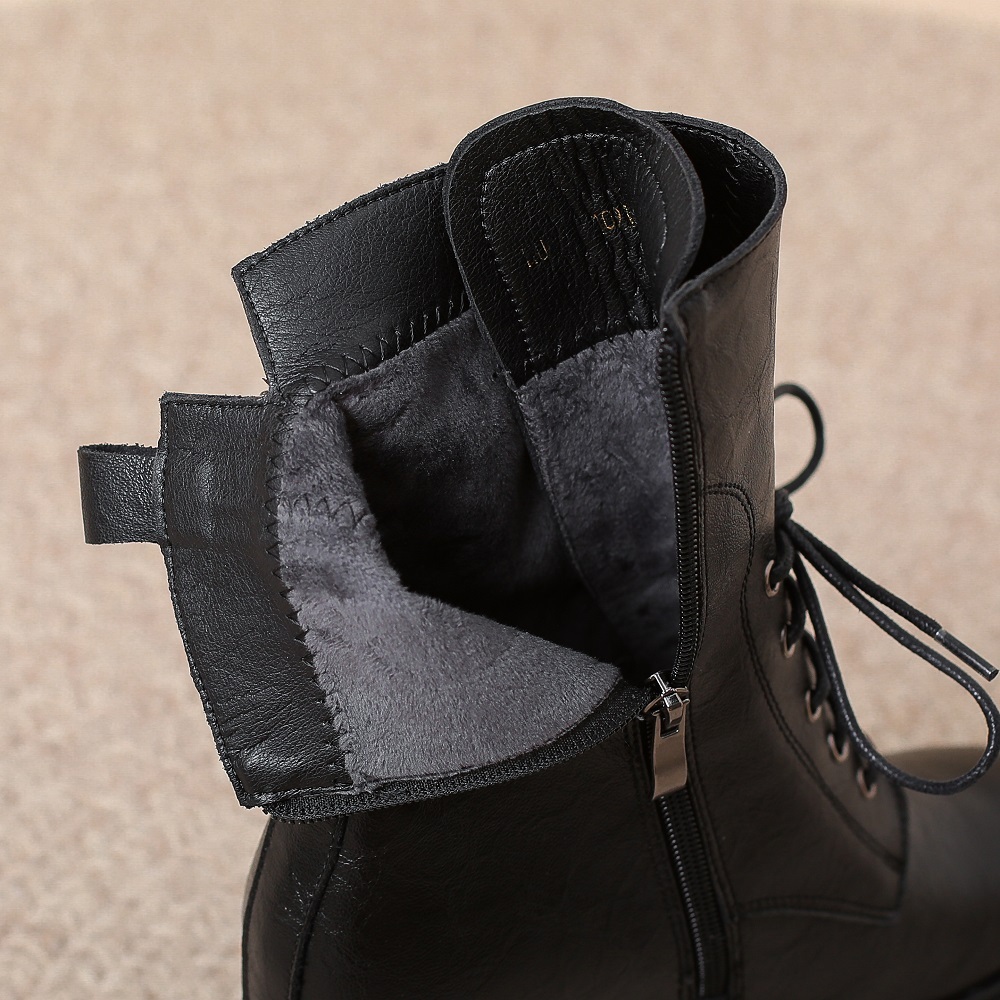 New Spring Autumn Women's Genuine Leather 12 CM Thick Sole Height Increasing Belt Buckle Winter Short Plush Lace-up Zipper Platform Slimming Ankle Boots 60204