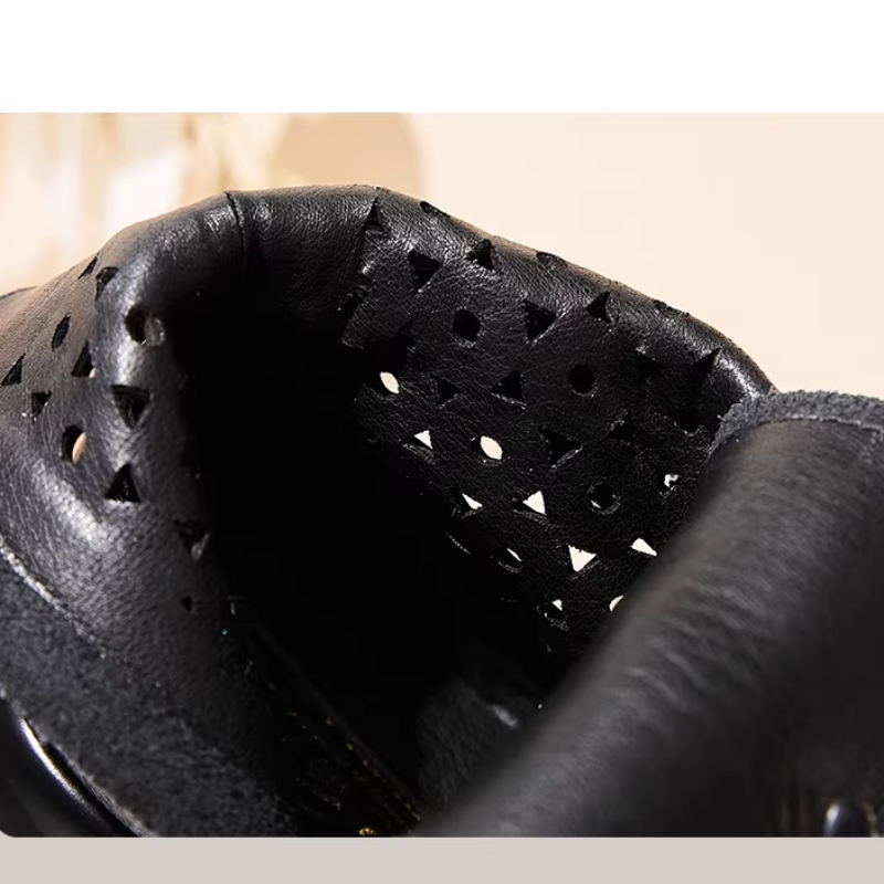 Summer Retro 7 CM Thick High Heels Platform Hollow Breathable Cross-tied Genuine Leather Women Ankle Short Casual Boots 50113