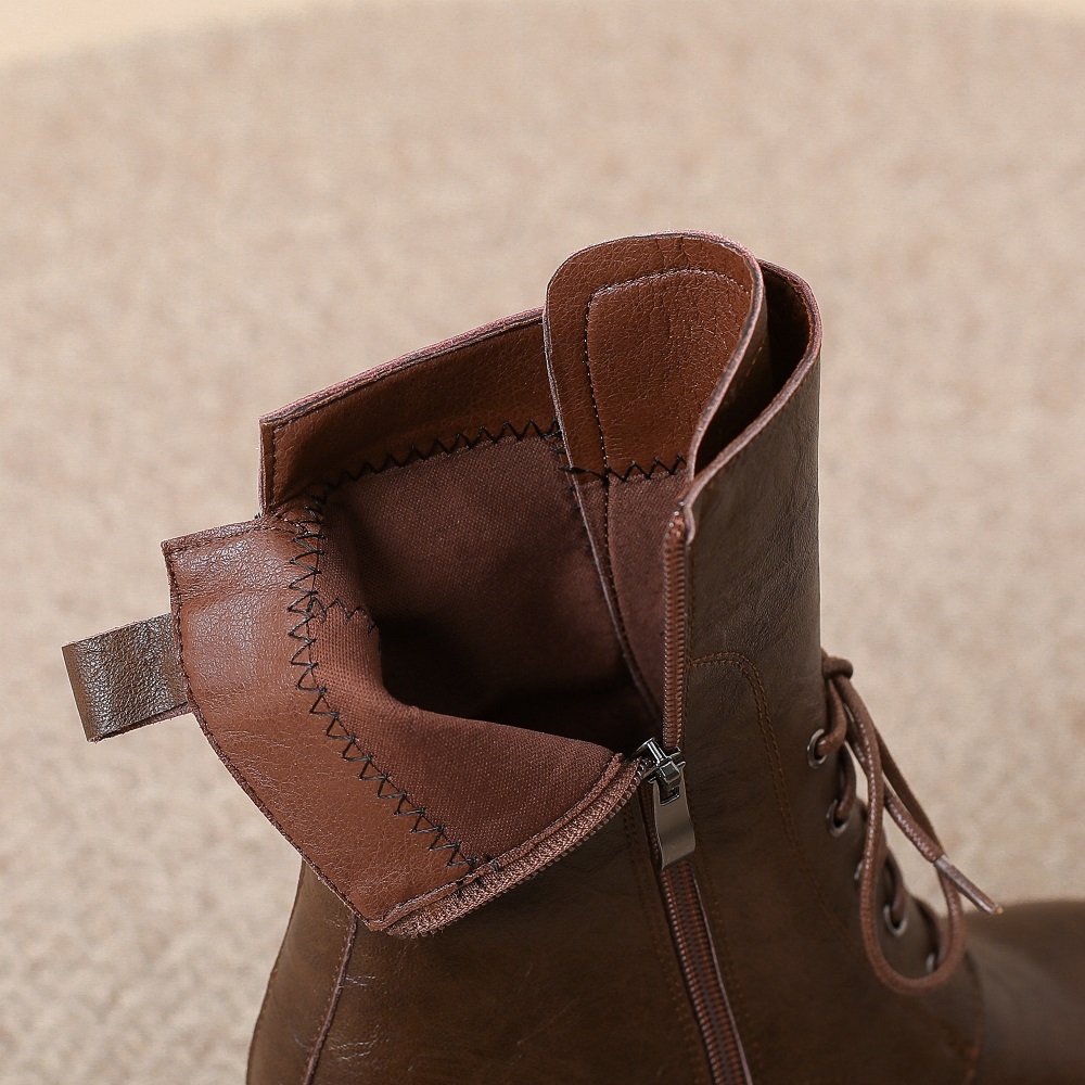 New Spring Autumn Women's Genuine Leather 12 CM Thick Sole Height Increasing Belt Buckle Winter Short Plush Lace-up Zipper Platform Slimming Ankle Boots 60204