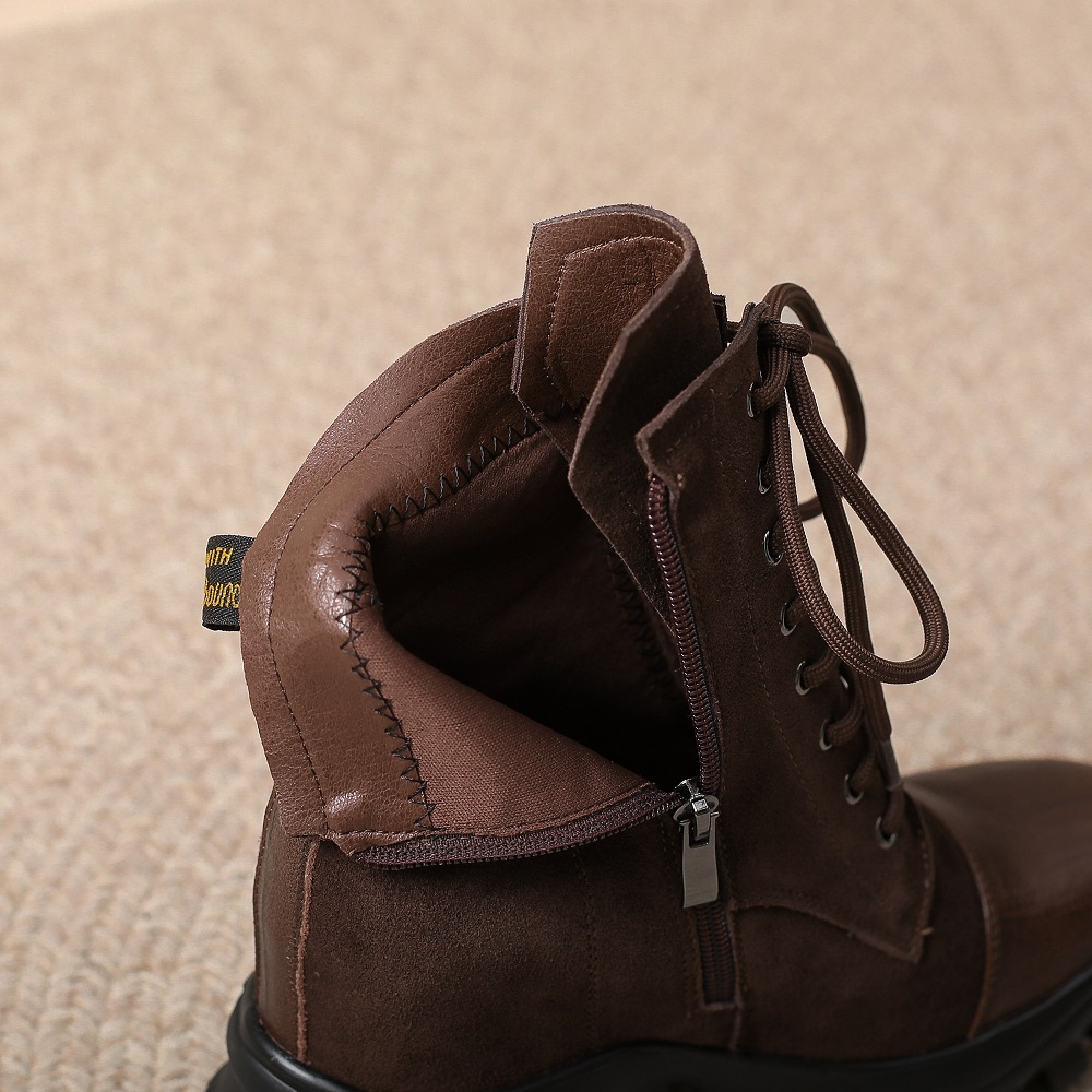 Suede Genuine Leather 10 CM Platform Inner Heightening Lace-Up Side Zipper New Solid Color Concise Slim Retro Ankle Boots 60204
