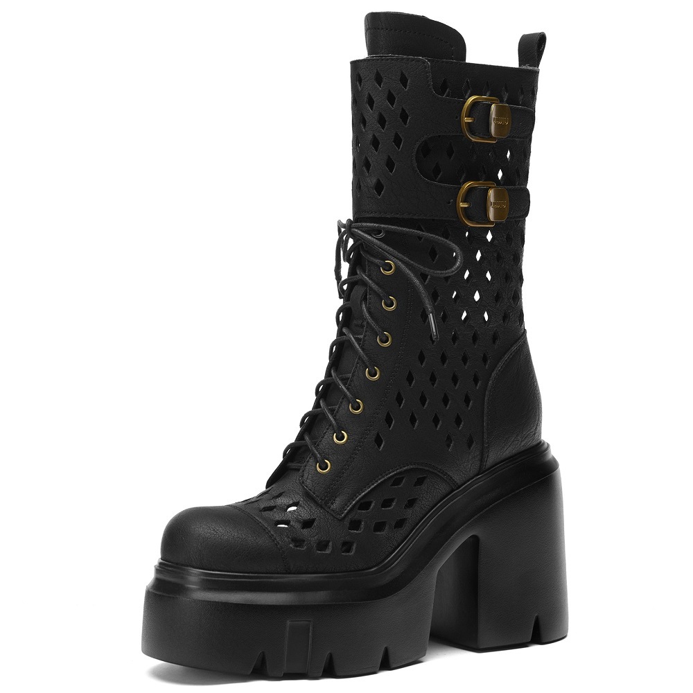 Ladies New 12 CM Thick Sole Pump Cut Out Lace Up Half Spring Summer Versatile Boots Genuine Leather Belt Buckle Slim Platform Sandal Boots 60205