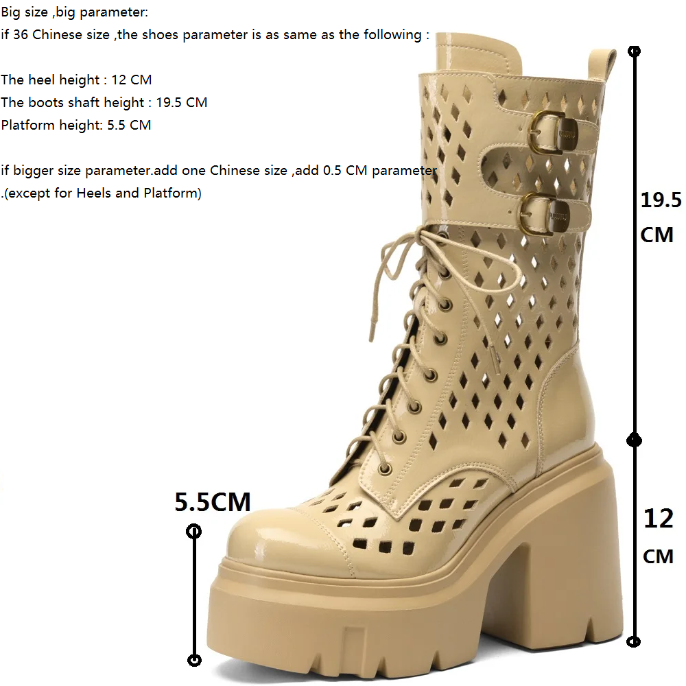 Ladies New 12 CM Thick Sole Pump Hollow Out Lace Up Half Spring Summer Boots Real Leather Buckle Platform Sandal Boots