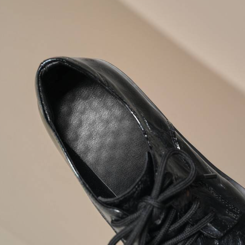 Women New Spring Autumn 12 CM Super High Heel Thick Sole Wedge Platform Square Toe Lace Up Shoes Genuine Leather Printed Black Shoes 60205