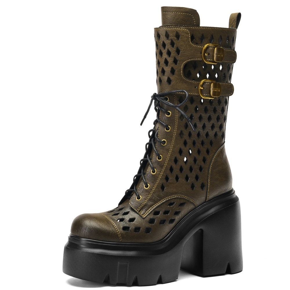 Ladies New 12 CM Thick Sole Pump Hollow Out Lace Up Half Spring Summer Boots Real Leather Buckle Platform Sandal Boots