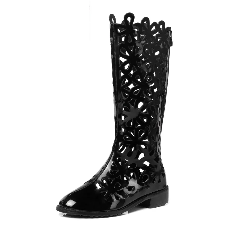 Summer New Fashion Thick Low Heels Cut Out Flowers Patent Leather Pointed Toe Zipper Women Equestrian Mid-Calf Boots 60205