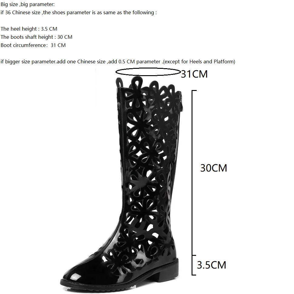 Summer New Fashion Thick Low Heels Cut Out Flowers Patent Leather Pointed Toe Zipper Women Equestrian Mid-Calf Boots 60205