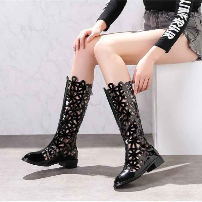 Summer New Fashion Thick Low Heels Cut Out Flowers Patent Leather Pointed Toe Zipper Women Equestrian Mid-Calf Boots 60205