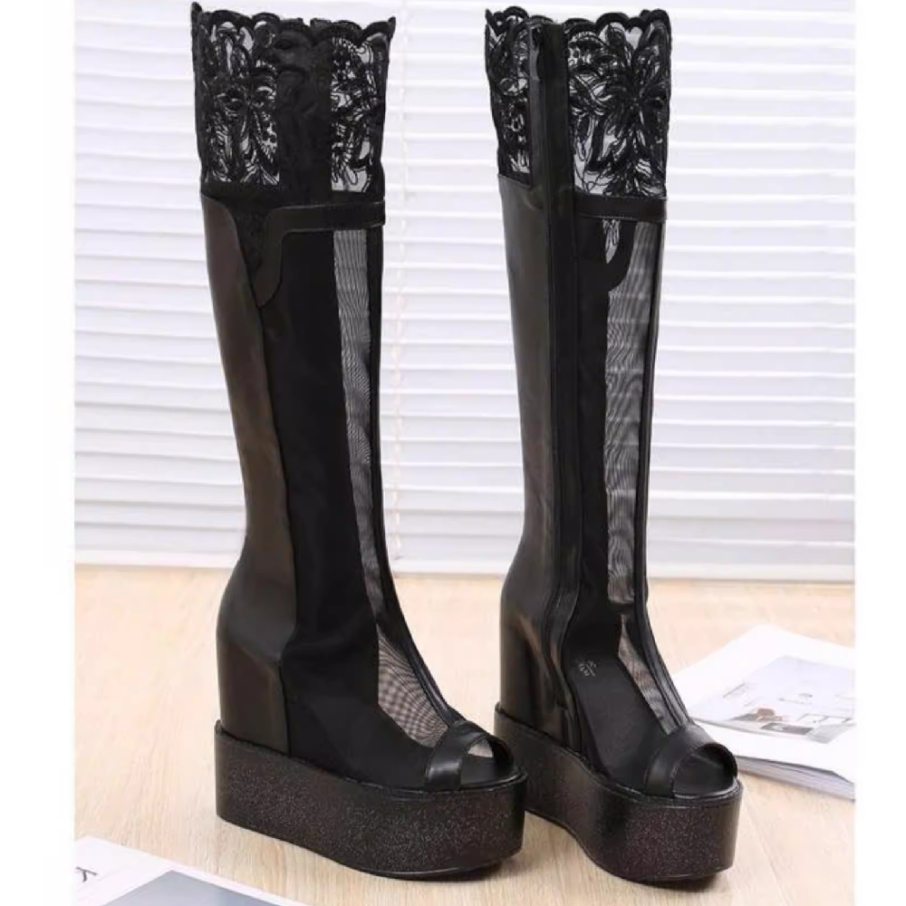 Summer New Slim Height Increasing Platform Wedges Peep Toe Embroidery Hollow Cut Out Mesh Women Knee-High Long Modern Boots 60205