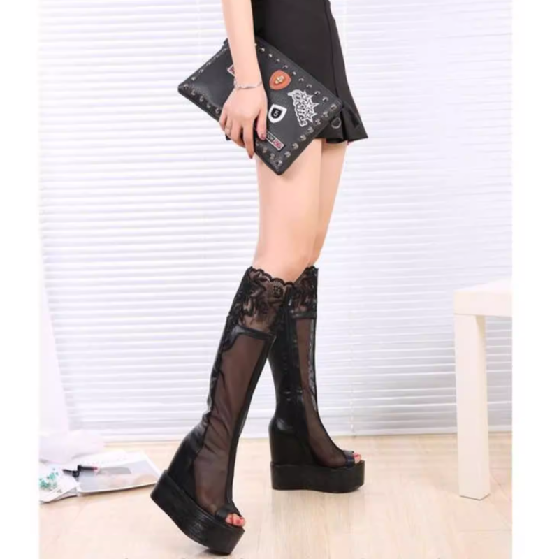 Summer New Slim Height Increasing Platform Wedges Peep Toe Embroidery Hollow Cut Out Mesh Women Knee-High Long Modern Boots 60205