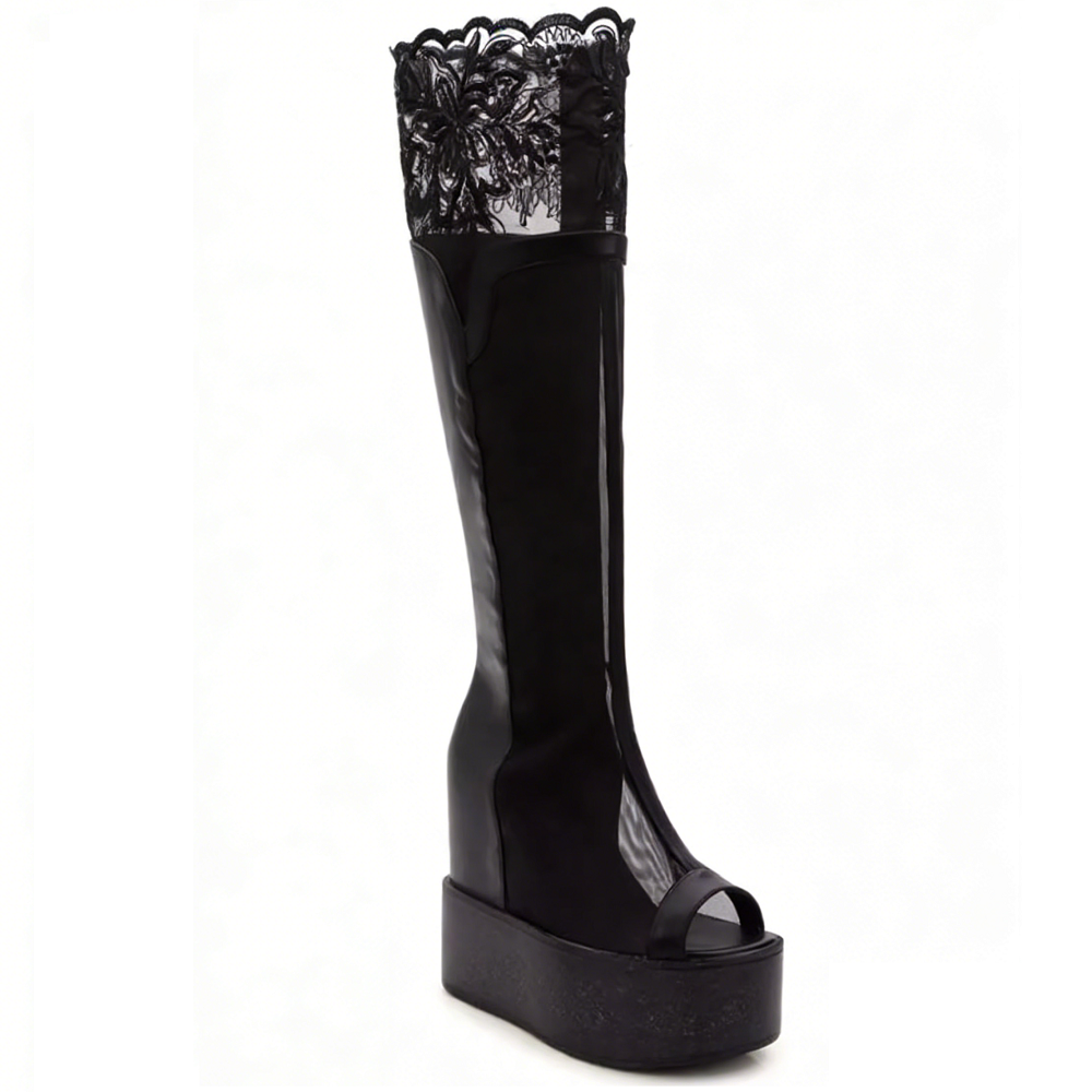 Summer New Slim Height Increasing Platform Wedges Peep Toe Embroidery Hollow Cut Out Mesh Women Knee-High Long Modern Boots 60205