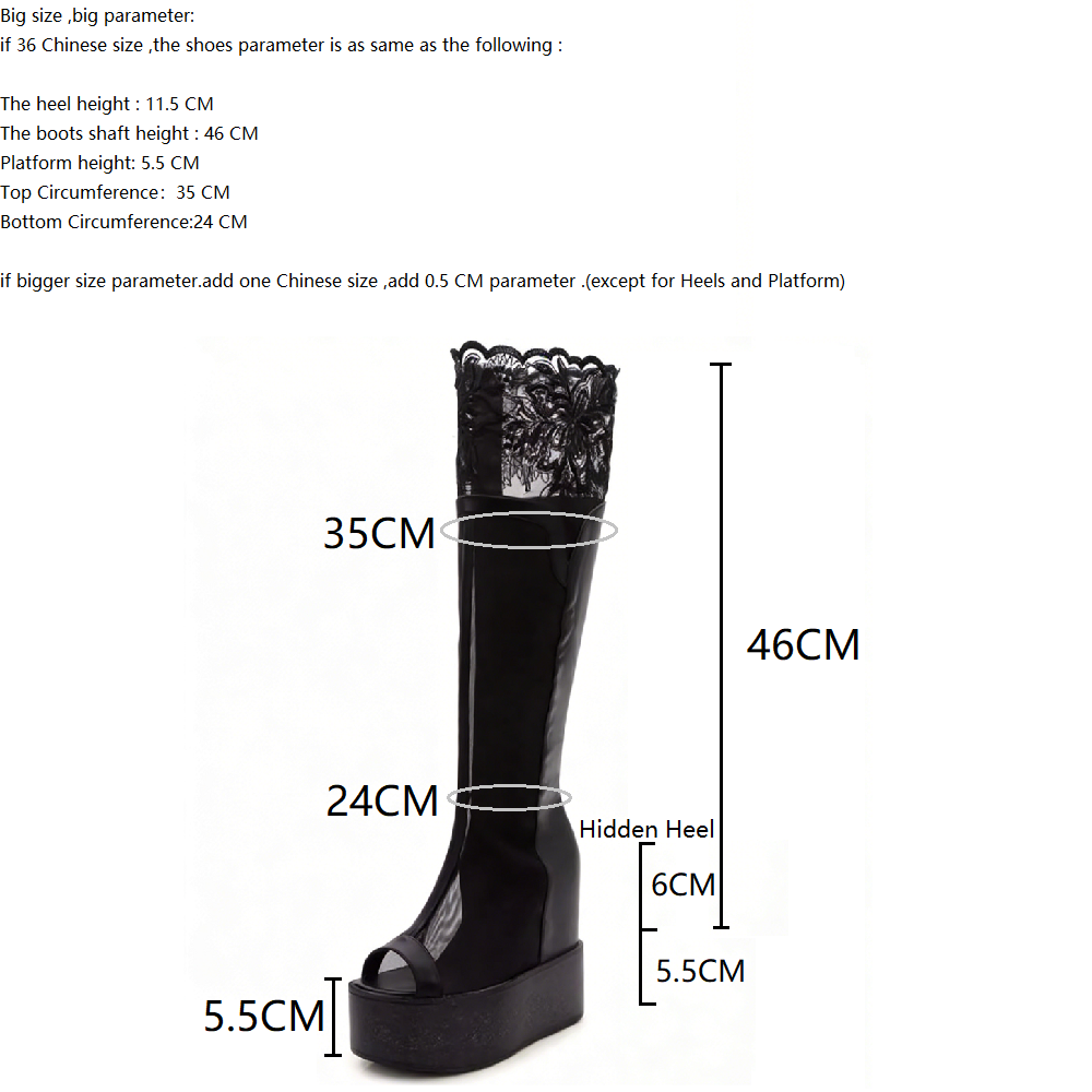 Summer New Slim 11.5 CM Height Increasing Platform Wedges Peep Toe Embroidery Hollow Cut Out Side Zipper Mesh Women Knee-High Long Modern Boots 60205