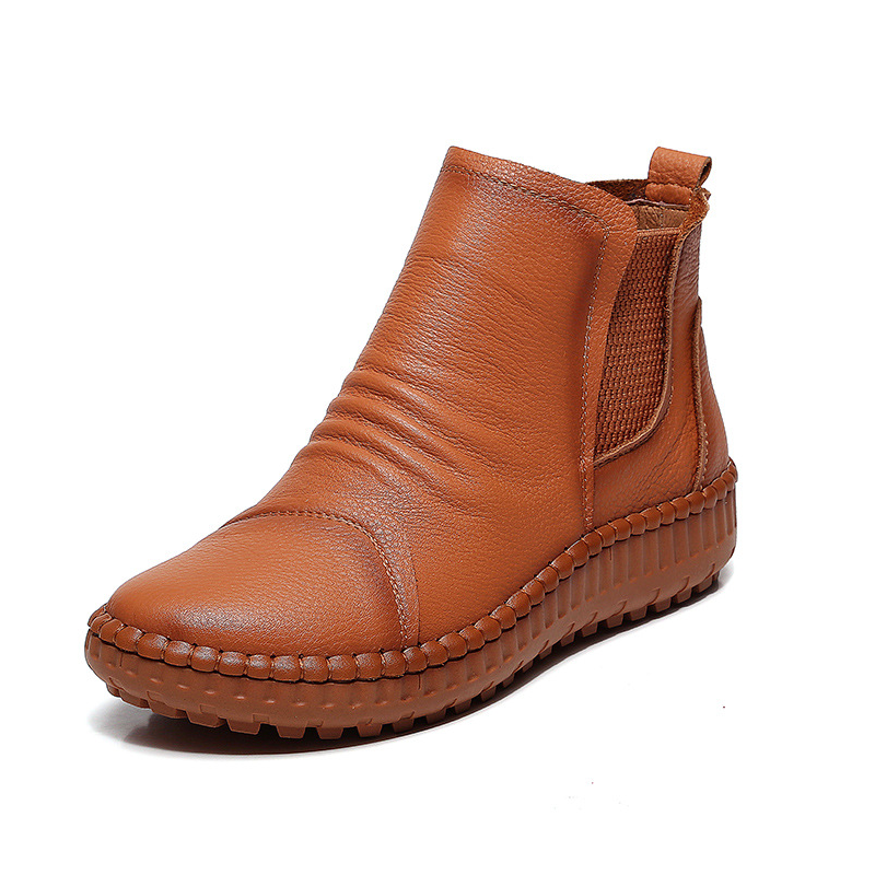 Spring Autumn New Retro Chunky Sole Sewing Genuine Leather Zipper Women Ankle Short Chelsea Boots Winter Plush Inside 60205