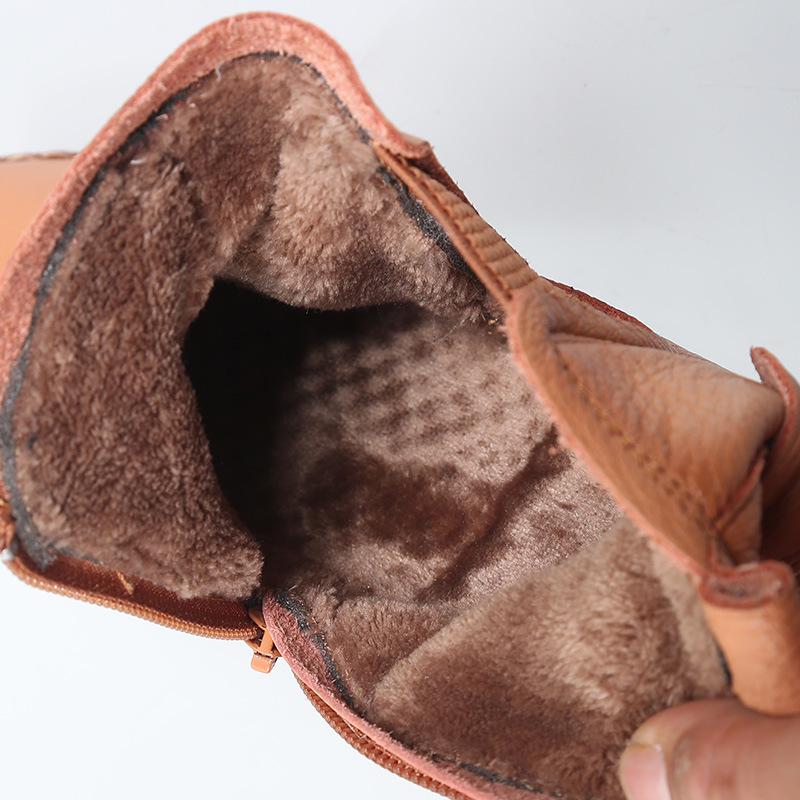 Spring Autumn New Retro Chunky Sole Sewing Genuine Leather Zipper Women Ankle Short Chelsea Boots Winter Plush Inside 60205