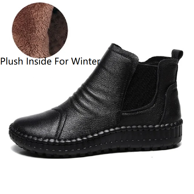 Spring Autumn New Retro Chunky Sole Sewing Genuine Leather Zipper Women Ankle Short Chelsea Boots Winter Plush Inside 60205