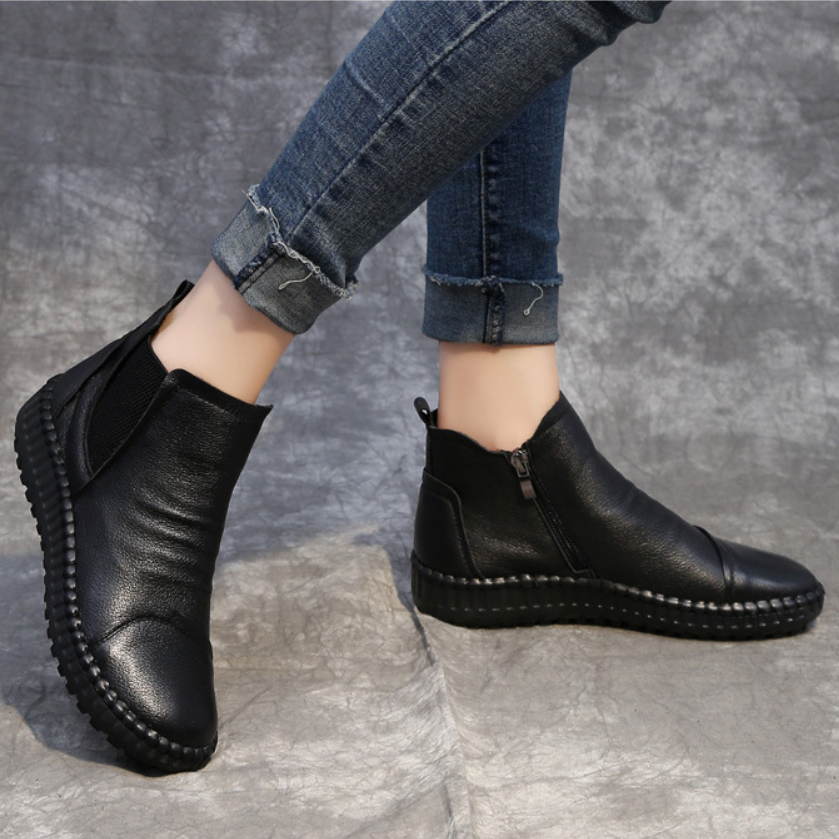 Spring Autumn New Retro Chunky Sole Sewing Genuine Leather Zipper Women Ankle Short Chelsea Boots Winter Plush Inside 60205
