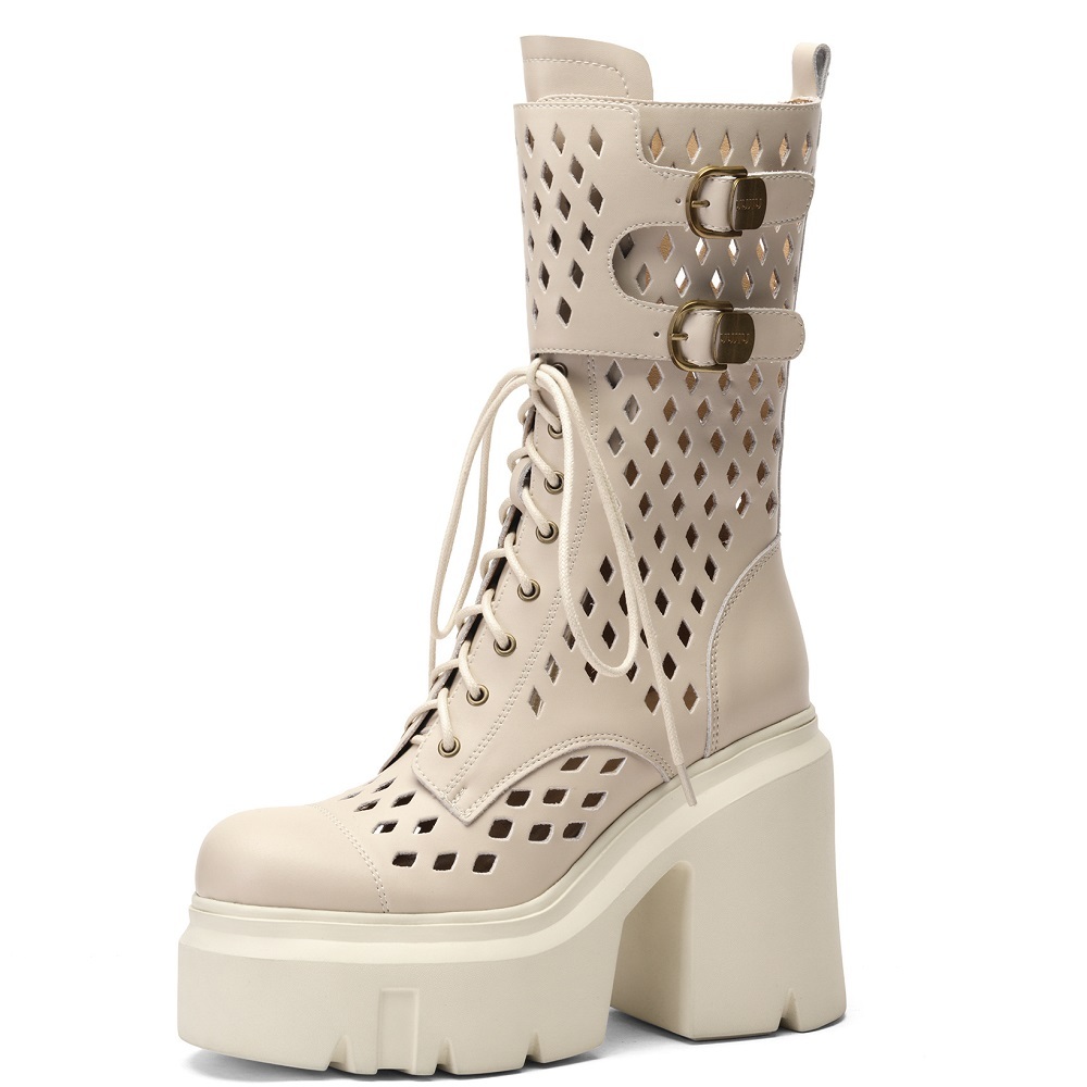 Ladies New 12 CM Thick Sole Pump Cut Out Lace Up Half Spring Summer Versatile Boots Genuine Leather Belt Buckle Slim Platform Sandal Boots 60205