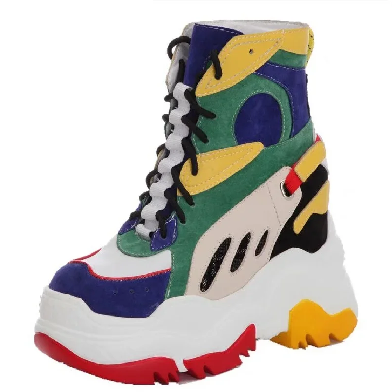 Spring Autumn New Korean Style Slim Height Increasing Platform Mixed Colors Lace-Up Genuine Leather Women Mid-Calf Modern Boots 60205