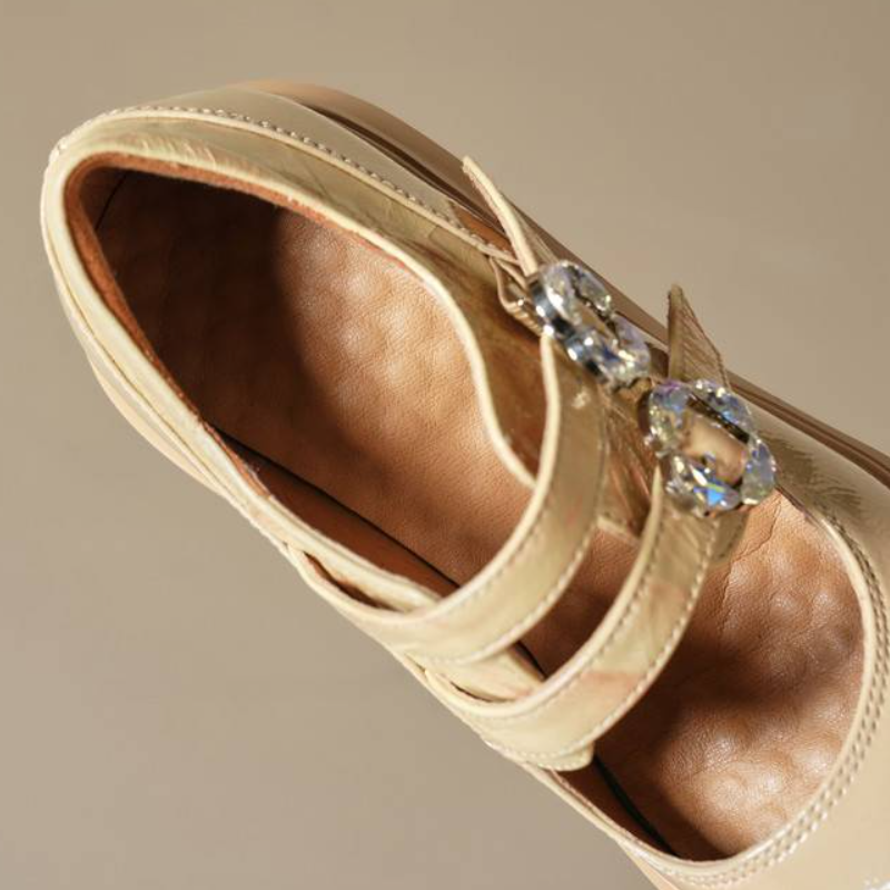 Women 12 CM Chunky Heel Shallow Mouth Spring Summer Genuine Leather Cut Out Platform Mary Jane Shoes Rhinestones Buckle Apricot Comfort Pumps 66212