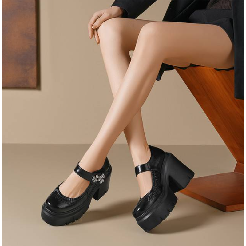 Ladies New Spring Summer 12 CM Chunky Heel Platform Crystal Flower Shoes Pleated Shallow Mouth Genuine Leather Sandals 60206