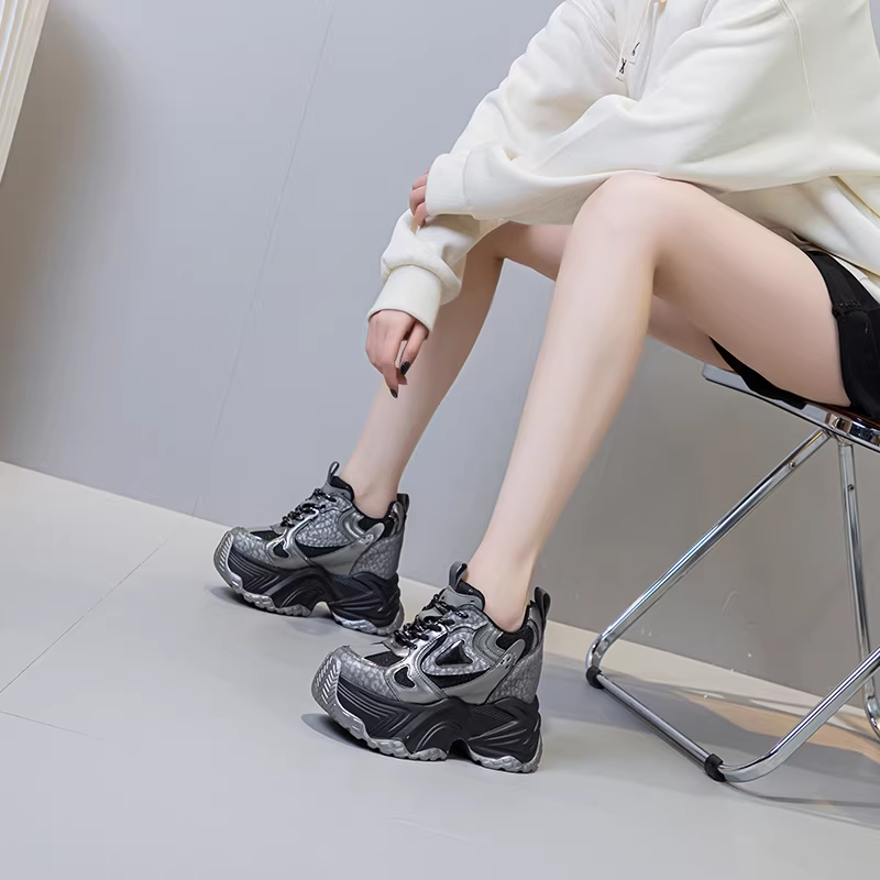 13 CM Women Leisure Casual Height Increasing Spring Autumn Shoes Color Block Genuine Leather Platform Fashion Simple Breathable Lace Up Sneakers 60206