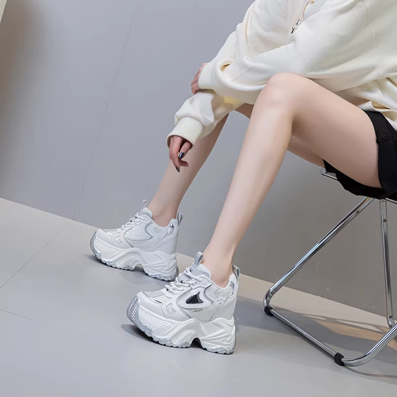 13 CM Women Leisure Casual Height Increasing Spring Autumn Shoes Color Block Genuine Leather Platform Fashion Simple Breathable Lace Up Sneakers 60206