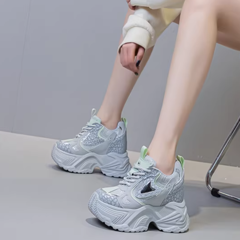 13 CM Women Leisure Casual Height Increasing Spring Autumn Shoes Color Block Genuine Leather Platform Fashion Simple Breathable Lace Up Sneakers 60206