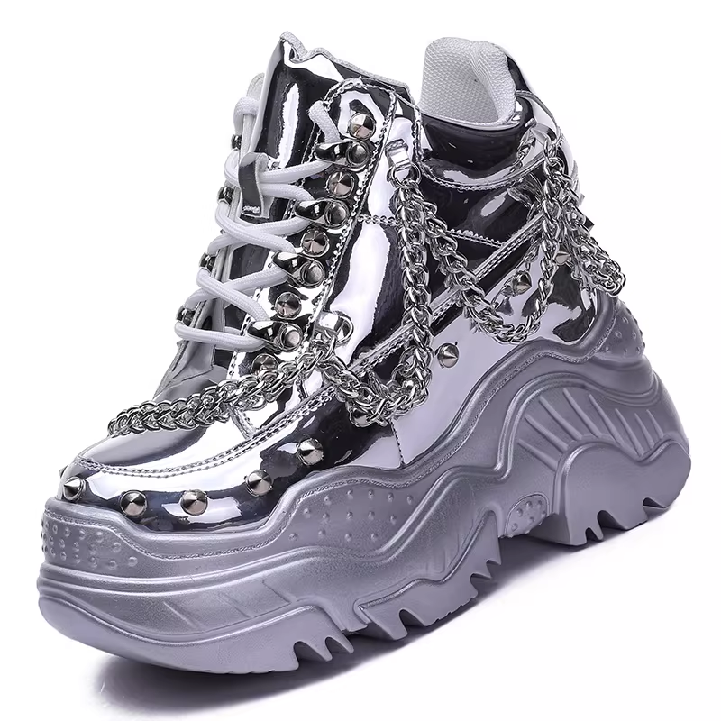 Spring Autumn Punk Style Height Internal Platform Metal Chain Rivets Rainbow Color Genuine Leather Women Casual Shoes Sneakers 60206
