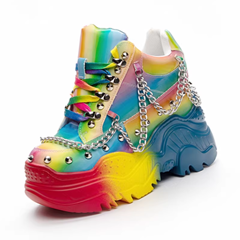 Spring Autumn Punk Style Height Internal Platform Metal Chain Rivet Rainbow Color Genuine Leather Women Casual Shoes Sneakers