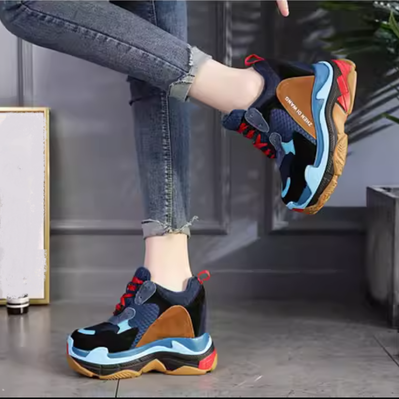 Spring Autumn New Leisure Slim Super High Heels Platform Mixed Colors Genuine Leather Lace-Up Women Casual Shoes Sneakers 41223