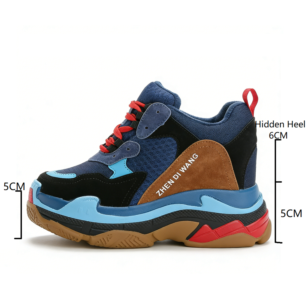 Spring Autumn New Leisure Slim 11 CM Super High Heels Height Increasing Platform Mixed Colors Genuine Leather Lace-Up Women Casual Shoes Sneakers 60206