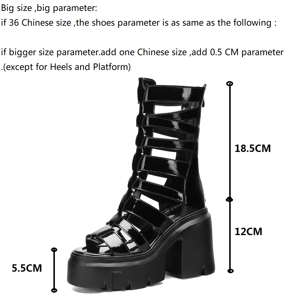 Ladies New 12 CM High Heel Thick Sole Cut Out Mid Calf Pumps Summer Boots Genuine Leather Side Zipper Gladiator Retro Platform Peep Toe Sandals 60206