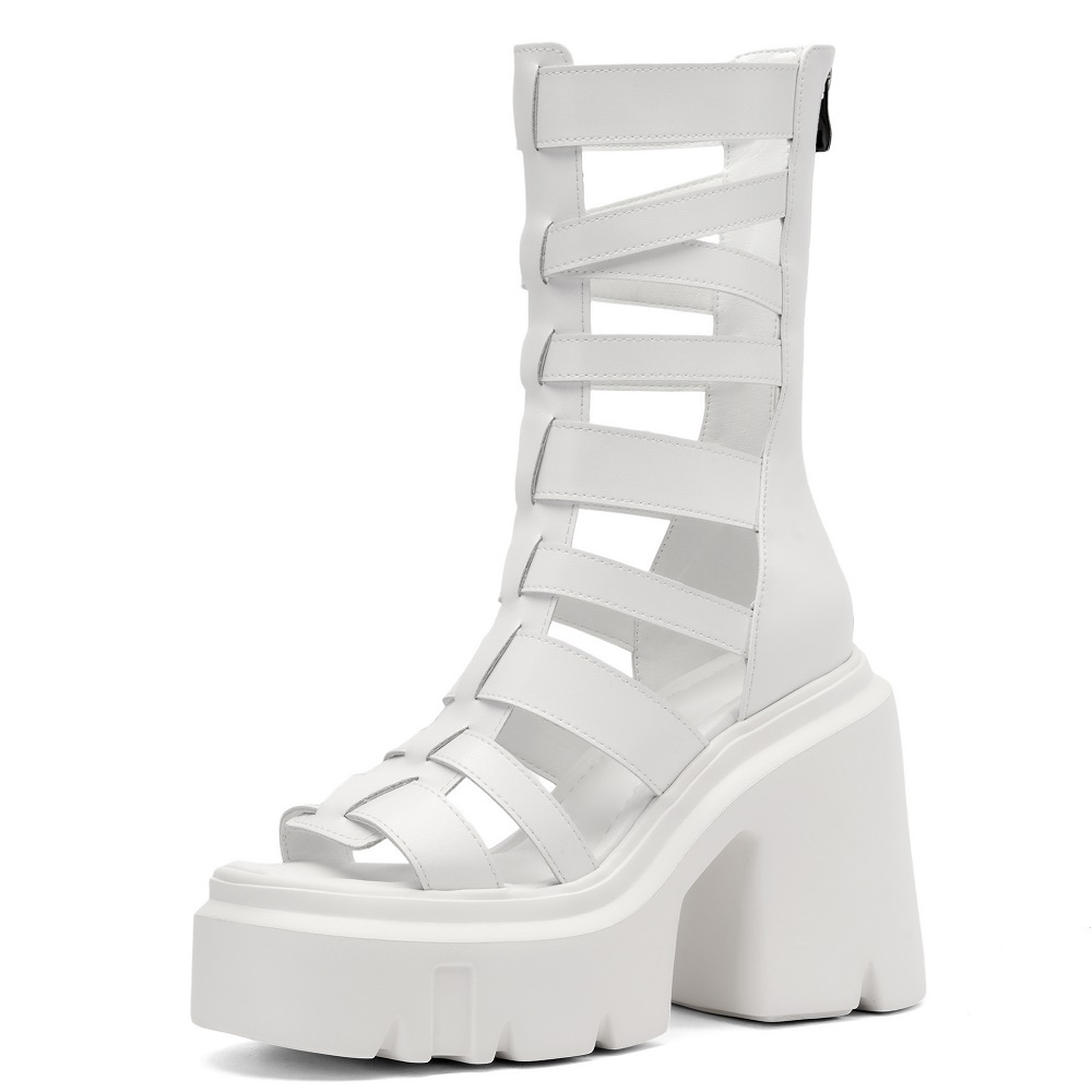 Ladies New 12 CM High Heel Thick Sole Cut Out Mid Calf Pumps Summer Boots Genuine Leather Side Zipper Gladiator Retro Platform Peep Toe Sandals 60206