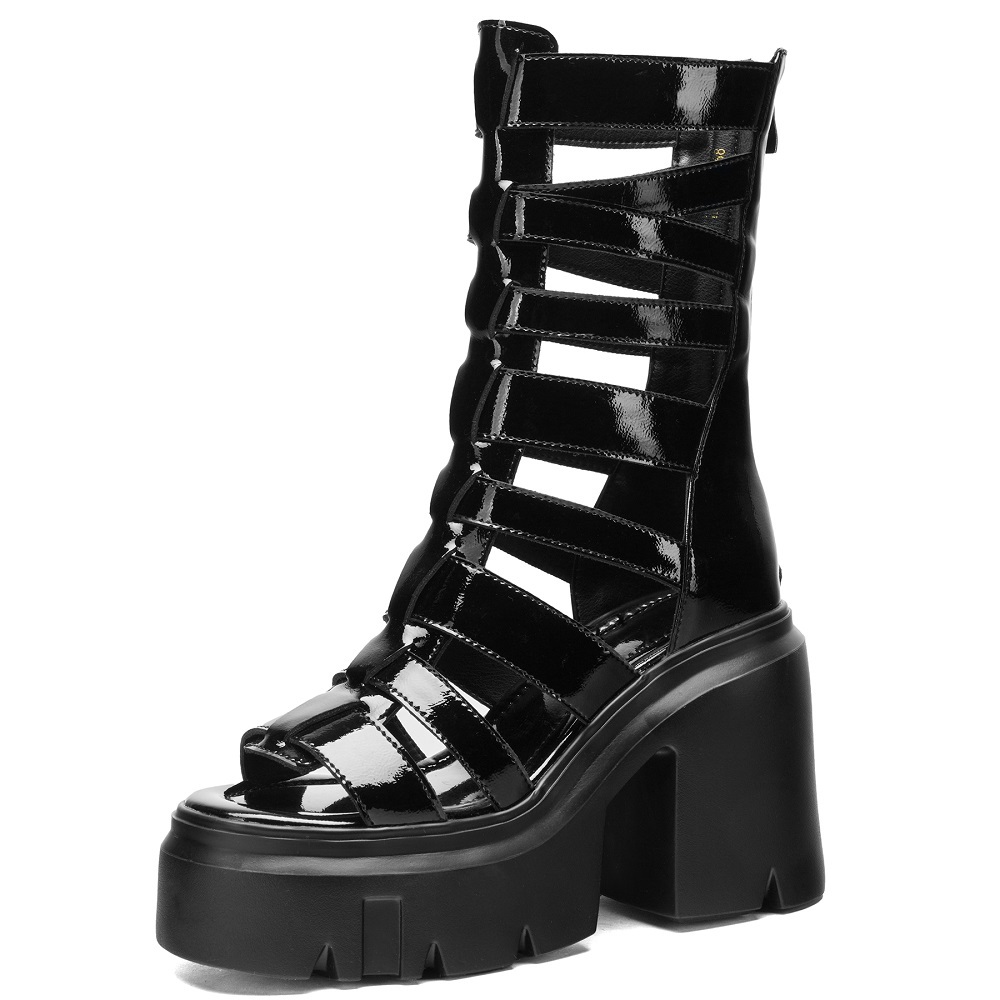 Ladies New 12 CM High Heel Thick Sole Cut Out Mid Calf Pumps Summer Boots Genuine Leather Side Zipper Gladiator Retro Platform Peep Toe Sandals 60206