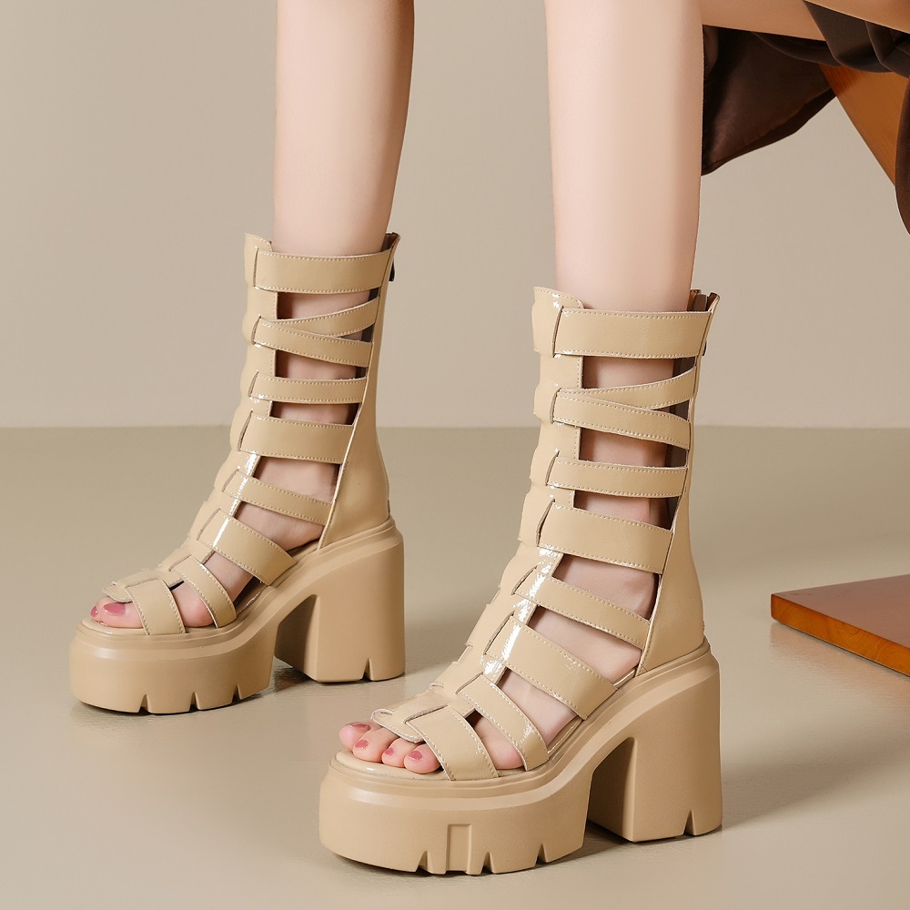 Ladies New 12 CM High Heel Thick Sole Cut Out Mid Calf Pumps Summer Boots Genuine Leather Side Zipper Gladiator Retro Platform Peep Toe Sandals 60206