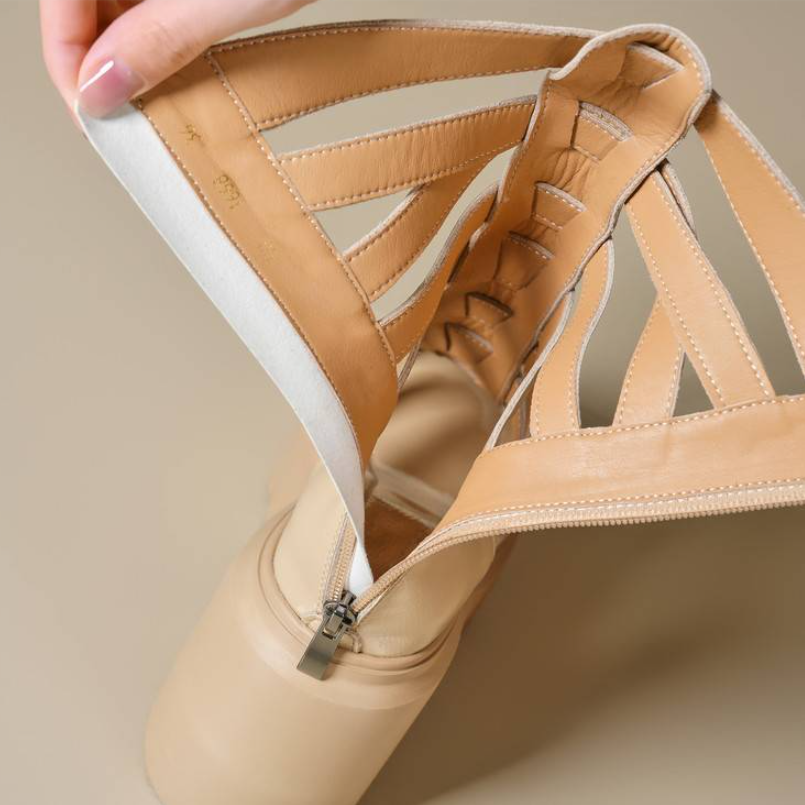 Ladies New 12 CM High Heel Thick Sole Cut Out Mid Calf Pumps Summer Boots Genuine Leather Side Zipper Gladiator Retro Platform Peep Toe Sandals 60206