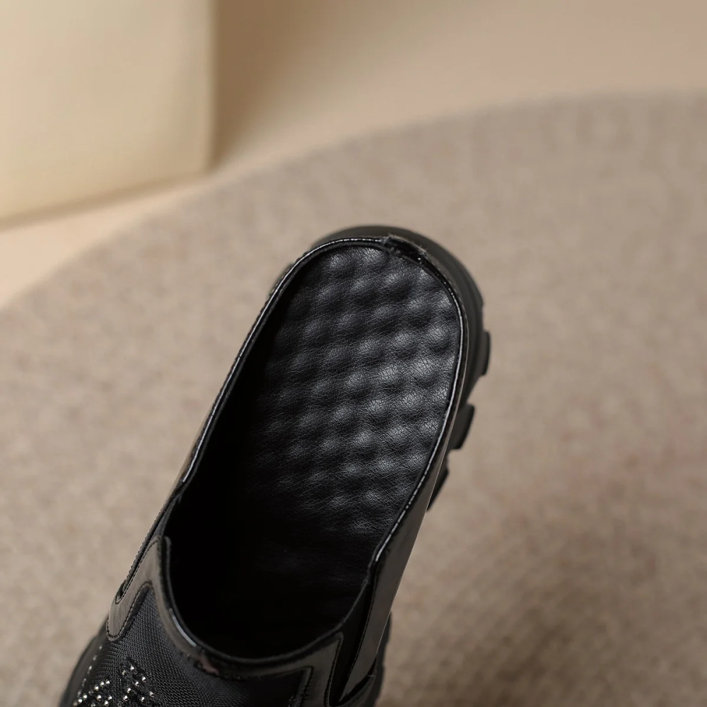 Women 12 CM Wedge Platform Spring Summer Genuine Leather Loafers Semi Slippers Crystal Mesh Hollow Out Breathable Sandals 60206