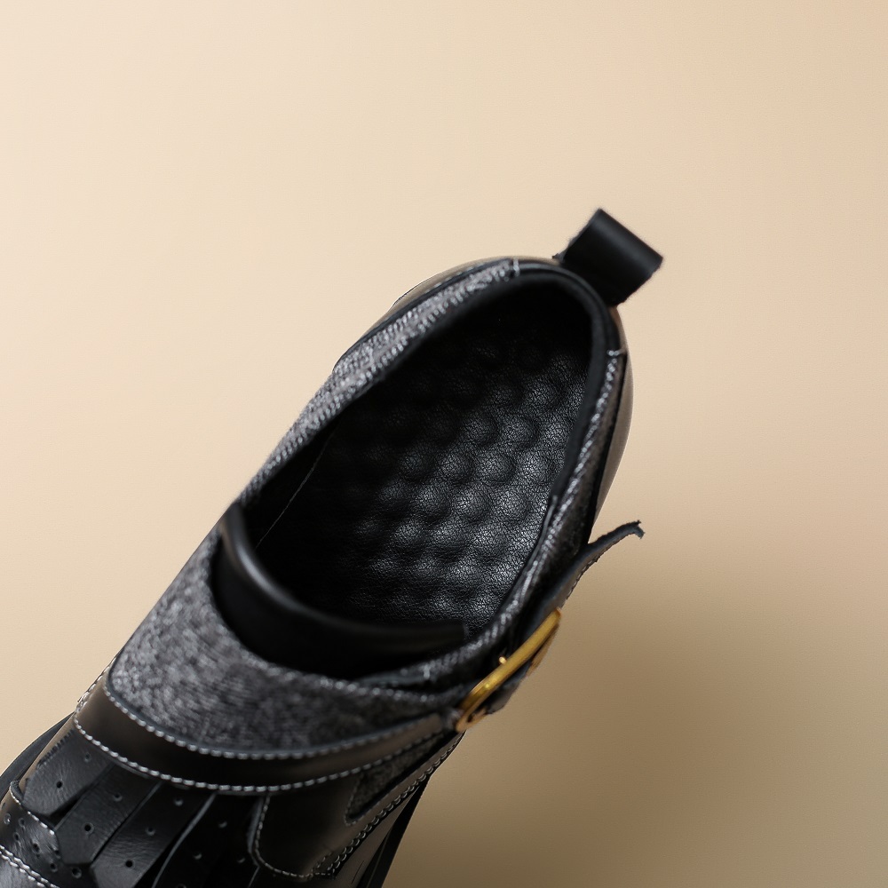 12 CM Super High Heel Retro British Style Platform Loafers Wipe Color Genuine Leather Canvas Patchwork Belt Buckle Tassel Casual Wedge Shoes Spring Autumn New Arrival 60207