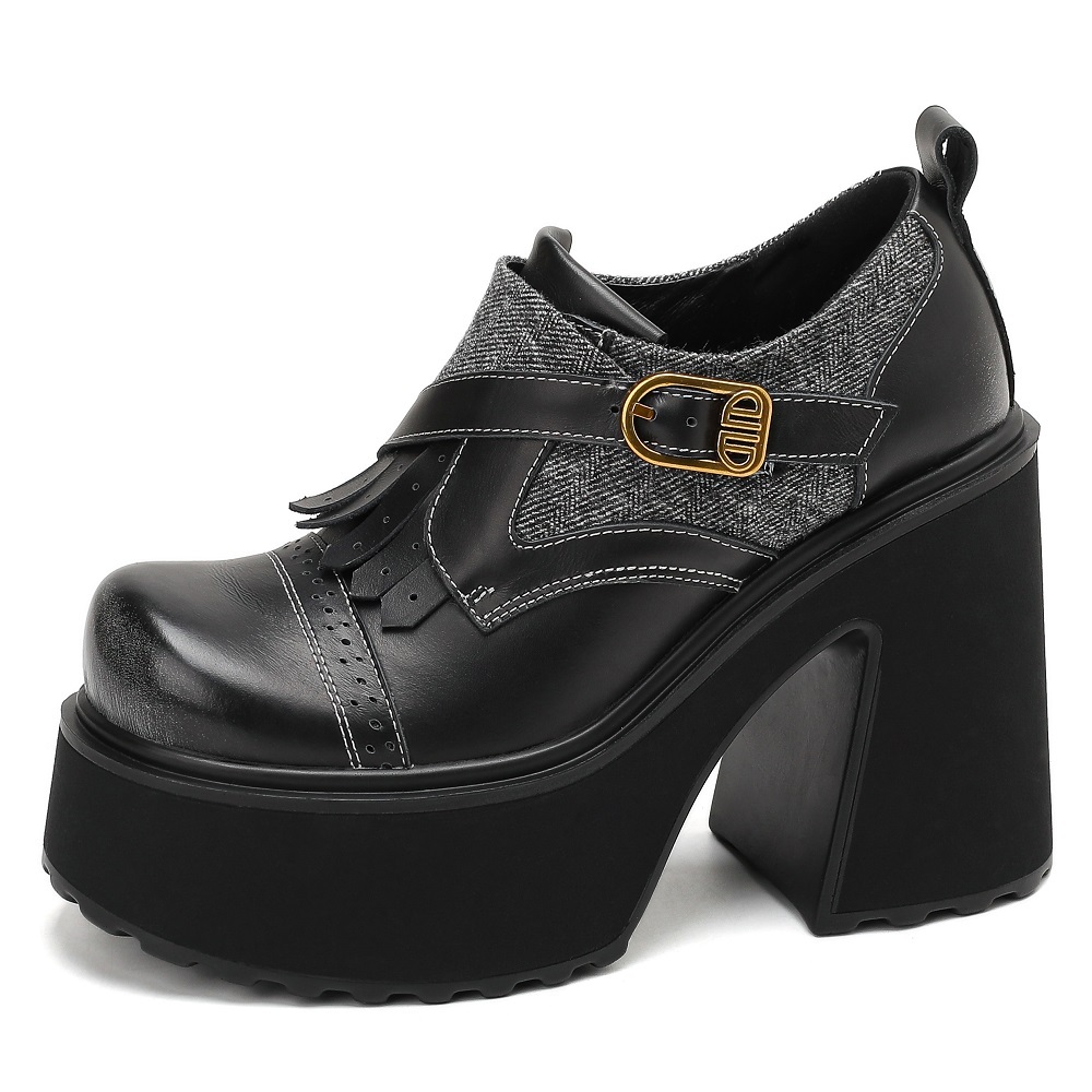 12 CM Super High Heel Retro British Style Platform Loafers Wipe Color Genuine Leather Canvas Patchwork Belt Buckle Tassel Casual Wedge Shoes Spring Autumn New Arrival 60207