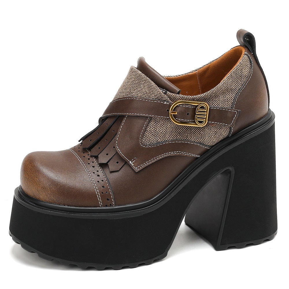 12 CM Super High Heel Retro British Style Platform Loafers Wipe Color Genuine Leather Canvas Patchwork Belt Buckle Tassel Casual Wedge Shoes Spring Autumn New Arrival 60207