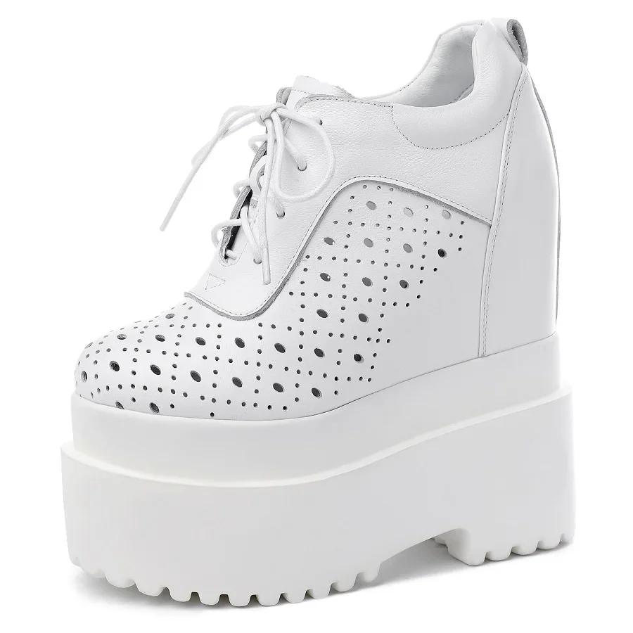 Spring Summer Autumn New Fashion Slim 16 CM Height Increasing Platform Cut Out Cross-tied Genuine Leather Women Casual Shoes Sneakers 60207