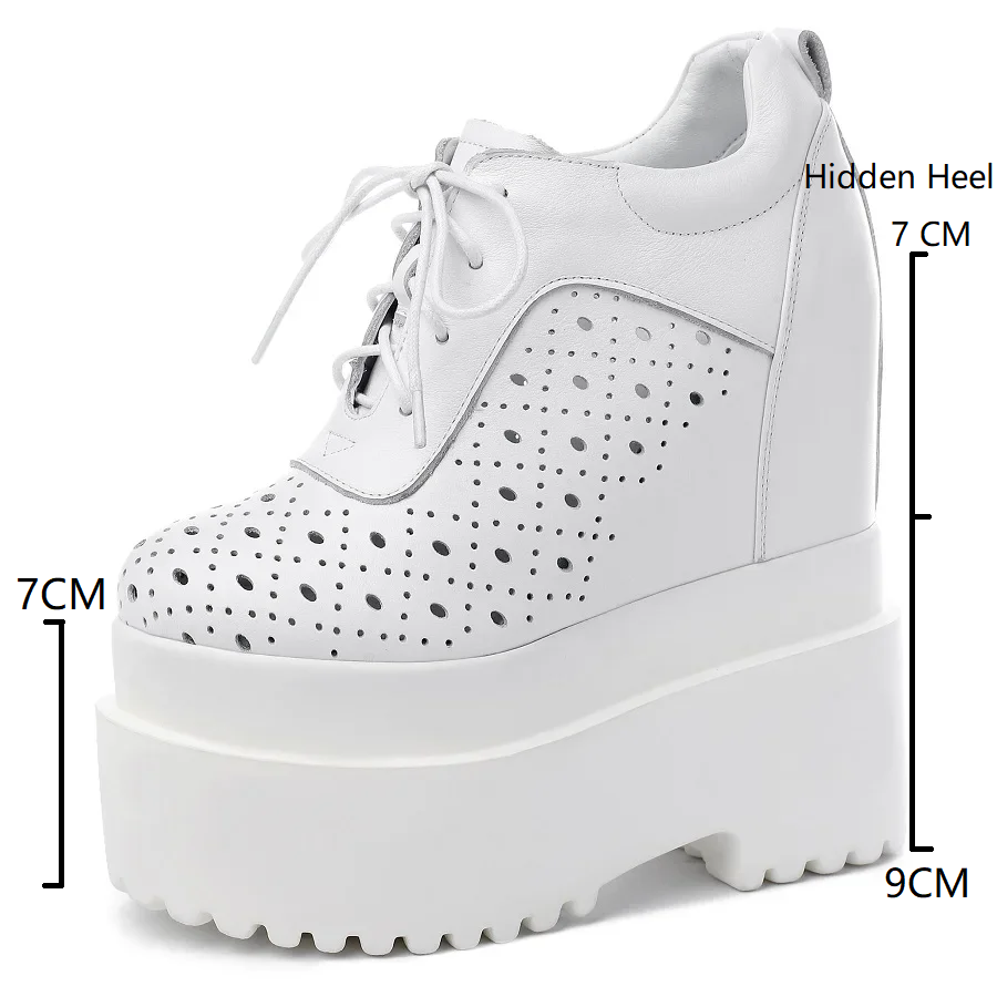 Spring Summer Autumn New Fashion Slim 16 CM Height Increasing Platform Cut Out Cross-tied Genuine Leather Women Casual Shoes Sneakers 60207