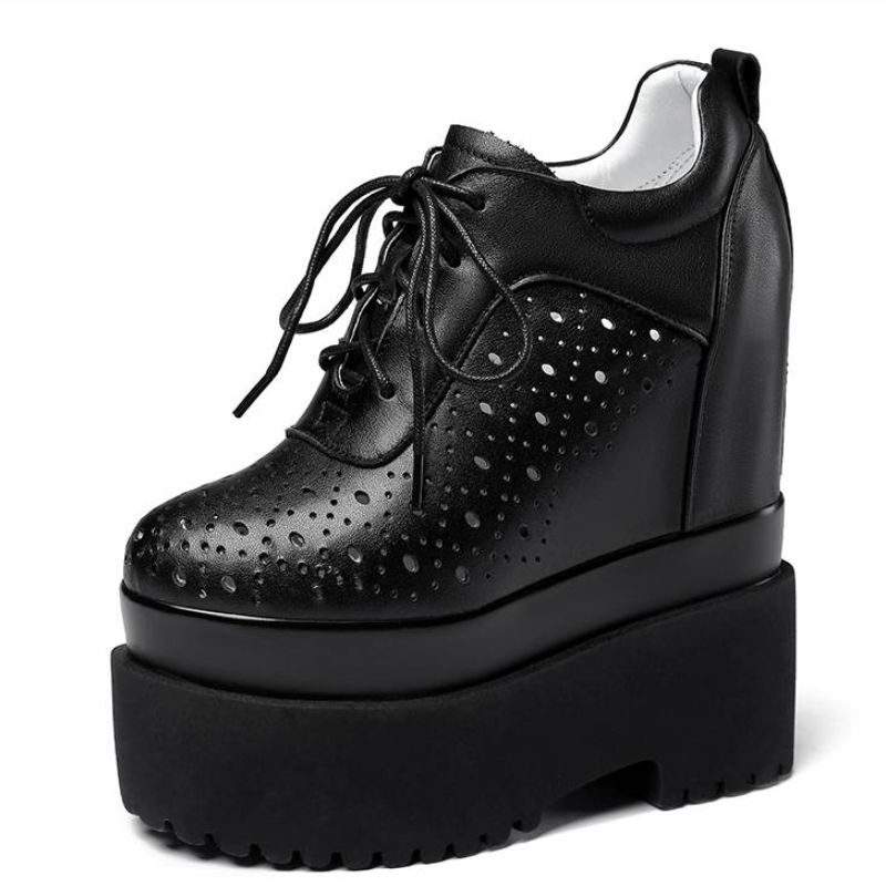 Spring Summer Autumn New Fashion Slim 16 CM Height Increasing Platform Cut Out Cross-tied Genuine Leather Women Casual Shoes Sneakers 60207
