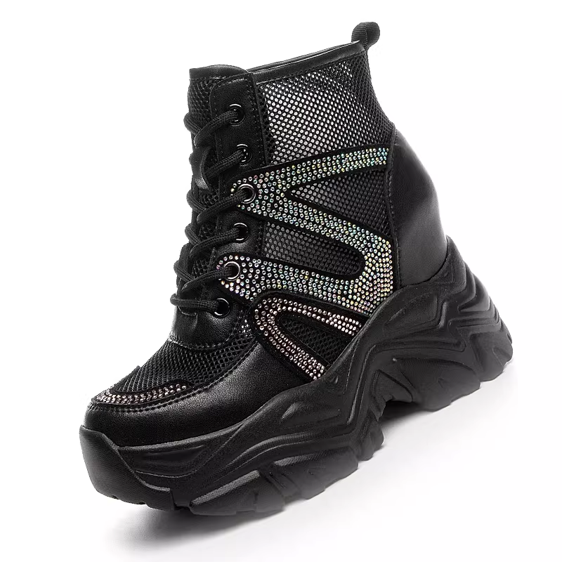 Women Pumps Summer New Slim 11 CM Height Increasing Platform Bling Crystals Breathable Mesh Genuine Leather Ladies Casual Sneakers 60207